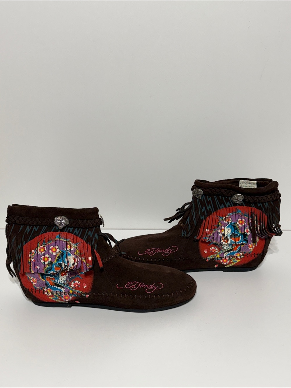 Ed Hardy Suede Fringe Moccasins Booties Y2K